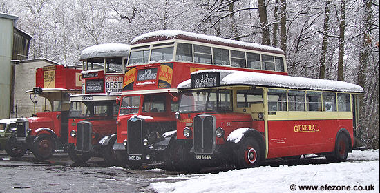 a snowy scene at the Cobham Bus Museum