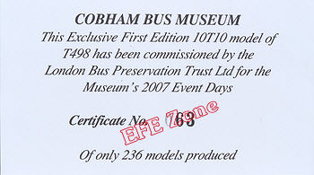 30004B Numbered certificate supplied with model