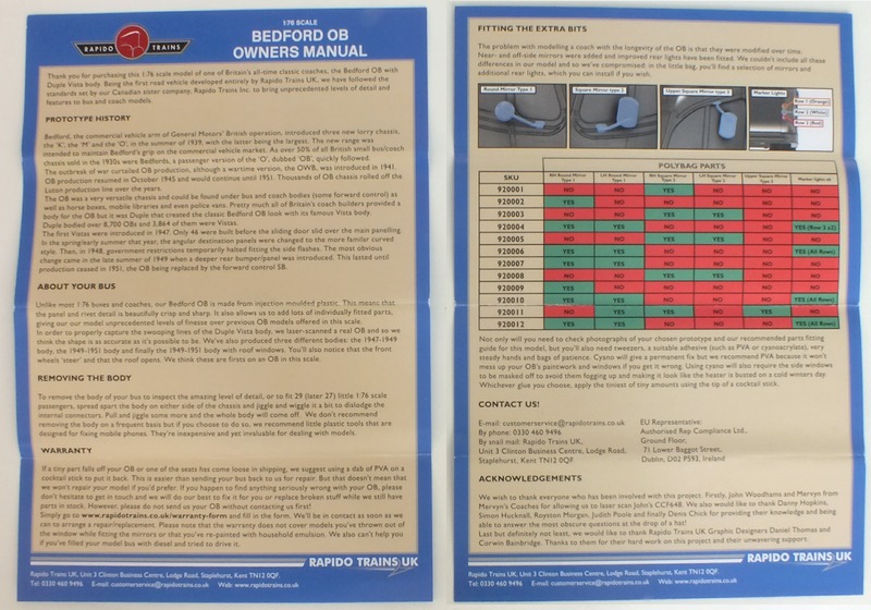 The 'Owners Manual' leaflet is coloured to match the outer box & has a different Rapido Trains logo & is unique to this model.